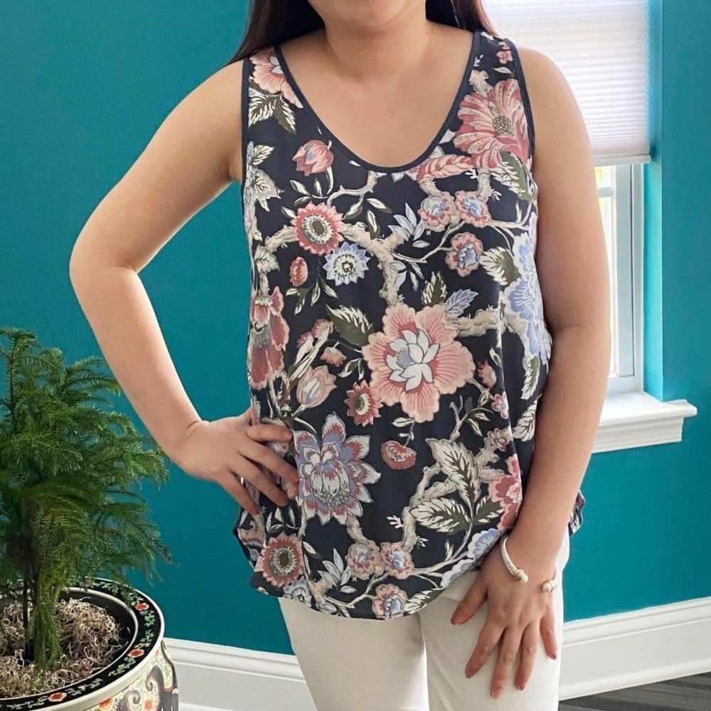 Loft Women's Size XXS Petite Mixed Media Sleeveless Blouse Navy Blue Pink Floral
